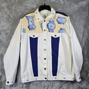 D&CO Denim Pity Pat Original Jacket Womens L White Vase Patchwork Embroidered